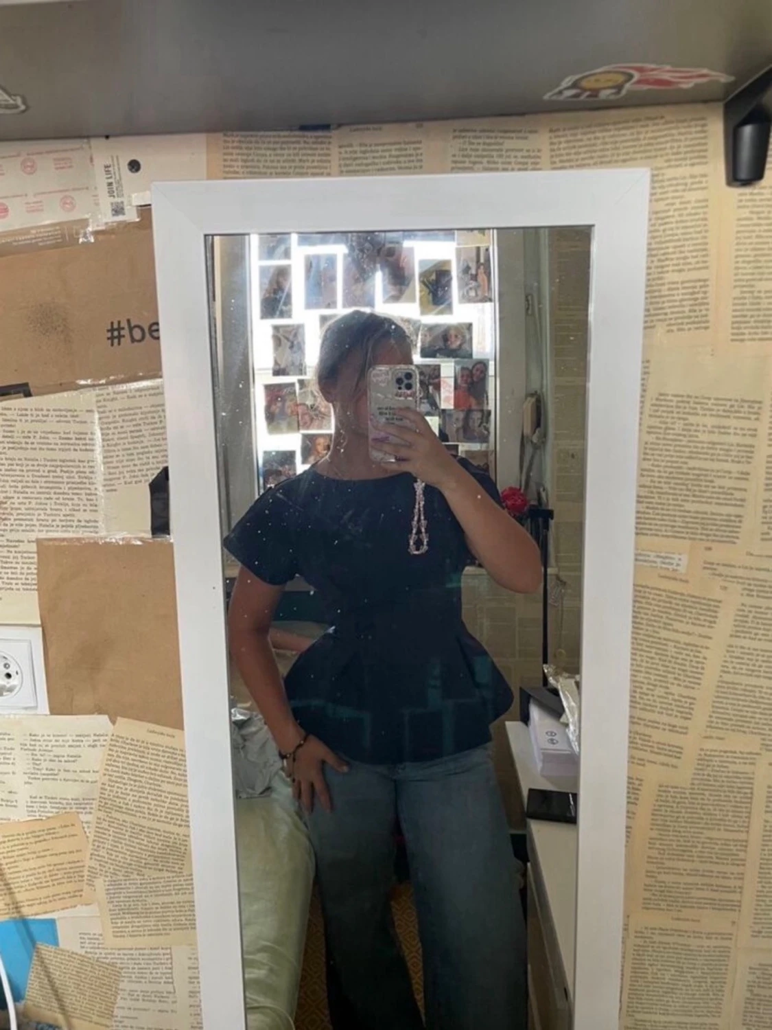 Mörkblå peplum topp med kort ärm