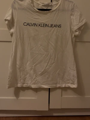 Vit t-shirt från Calvin Klein Jeans - Säljer en klassisk vit t-shirt från Calvin Klein Jeans med svart logotyptryck framtill. T-shirten har rund halsringning och korta ärmar. Perfekt basplagg till garderoben och enkel att matcha med allt. Kan användas till oversize