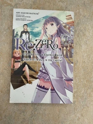 Re:Zero - Starting Life in Another World - Manga-bok med färgglatt omslag och animeinspirerad illustration. Titeln är 'Re:Zero - Starting Life in Another World, Chapter 1: A Day in the Capital'. Boken är på engelska och innehåller svartvita tecknade sidor. Perfekt för dig som gillar fantasy och äventyr.