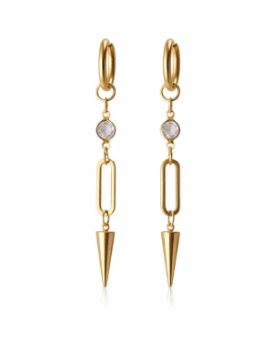 Guldiga statement örhängen med kristall - Snygga guldpläterade örhängen med rund kristall, rektangulär länk och spetsig konformad detalj. Hängande design som ger en cool och trendig look. Perfekta för att lyfta din outfit med en edgy touch.