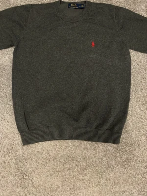 Mörkgrå stickad tröja Polo Ralph Lauren - Mörkgrå stickad tröja från Polo Ralph Lauren med klassisk rund halsringning och röd broderad logga på bröstet. Tröjan har ribbade muddar vid ärmslut och nederkant, perfekt för dig som gillar stilrena plagg.