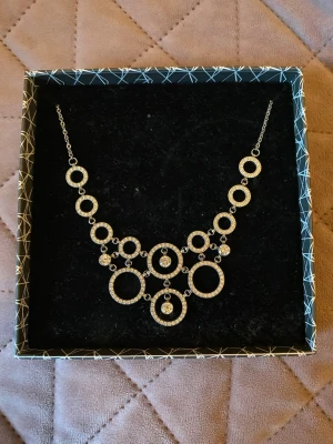 Edblad halsband med cirklar och stenar - Snyggt halsband från Edblad med flera sammankopplade cirklar i silverfärg och glittrande stenar. Kedjan är tunn och halsbandet har en modern, geometrisk design som sticker ut. Perfekt för dig som gillar stilrena smycken med lite extra bling. Aldrig använd 