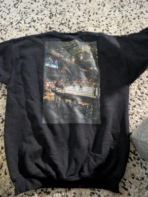 Svart sweatshirt Punchy boxningsingmotiv stl 158 - Cool svart sweatshirt från Punchy med stort boxnings motiv på ryggen och en liten logga framtill. Tröjan har rund hals och ribbade muddar vid ärmslut och nederkant. Perfekt för dig som gillar streetwear och unika prints.