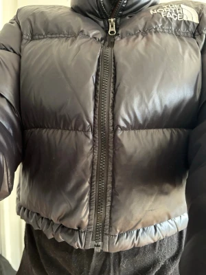 Svart cropped pufferjacka från The North Face - Säljer en svart pufferjacka från The North Face med hög krage och dragkedja framtill. Jackan har en boxig, croppad passform och logga på bröstet. Tillverkad i glansigt material och fylld för extra värme. Perfekt för kalla dagar. I nyskick knappt använd.