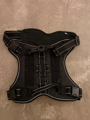 Svart sele med reflexdetaljer - Säljer en svart sele med justerbara remmar och reflexdetaljer. Selen har flera metallringar för koppel och vadderad insida för extra komfort. Passar till exempelvis hund eller annan husdjursanvändning.