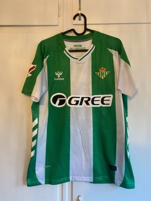 Grönvit Real Betis matchtröja - Säljer en grön och vit randig Real Betis matchtröja från Hummel med tryckta sponsorer och klubbmärke på bröstet. Tröjan har korta ärmar, v-ringning och spelarnamn Antony samt nummer 7 på ryggen. Perfekt för fotbollsfans!