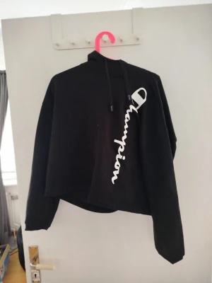 Svart hoodie från Champion - Säljer en svart hoodie från Champion med stor vit logga längs framsidan. Hoodien har huva med svarta dragsnören och Champion-detaljer på snörändarna. Klassisk passform och mjukt material, perfekt för en avslappnad stil.
