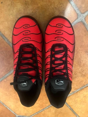Nike Air Max Plus röda sneakers - Säljer ett par Nike Air Max Plus sneakers i rött med svarta detaljer och vit Nike logga. Skorna har en mesh-överdel, svarta vågformade linjer och svart sula med synlig Air-enhet. Klassisk streetstil och riktigt snygg färgkombination.