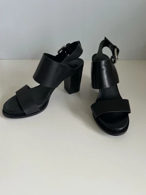 Svarta & Other Stories höglackade sandaler, 100% äkta läder, storlek 40 - Snygga svarta högklackade sandaler från & Other Stories i storlek 40. 100% äkta skinn / läder. Stilren modell med öppen tå och bred rem över foten. Bekväm stabil blockklack och elegant ankelrem. Har några repor i lädret här och där om man kollar nära, se bilder, men inget som syns när man har dem på. Är annars i mycket gott skick.   (Skickas, men kan även hämtas i Stockholm vid behov)
