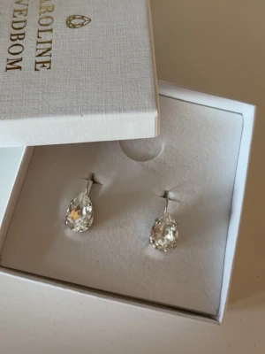 Caroline Svedbom droppformade örhängen - Säljer ett par eleganta droppformade örhängen från Caroline Svedbom. Örhängena är silverfärgade med stora, klara kristaller som gnistrar snyggt. Perfekta för att ge din look lite extra bling.
