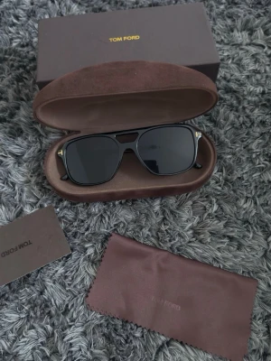 Svarta Tom Ford solglasögon - Snygga svarta solglasögon från Tom Ford med klassisk pilotform och mörka glas. Bågarna är i svart med gulddetaljer vid gångjärnen. Kommer med originalfodral och putsduk. Perfekta för att lyfta din stil i sommar.