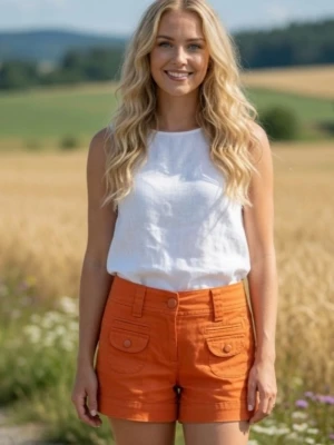 NYA och oanvända korallfärgade  shorts, Strlk 32 /  XS. Flera fickor.  - NYA och oanvända korallfärgade  shorts, Strlk 32 /  XS. Flera fickor. Stängs med dragkedja och knapp. Material: Kraftigare bomullstyg. Felfria. Säljer även vita och svarta av samma modell, strlk 32 och 36 - se mina övriga annonser. Modellen visar ungefär hur de ser ut på.