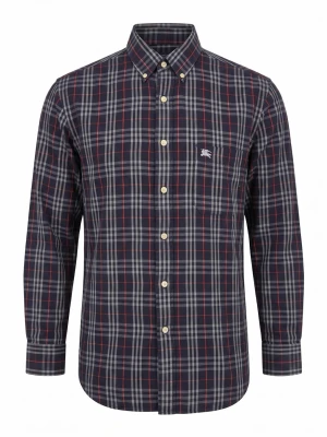 Mörkblå rutigt skjorta från Burberry - Säljer en mörkblå långärmad skjorta från Burberry med klassiskt rutigt mönster i blått, vitt och rött. Skjortan har button-down krage, vita knappar och ett broderat Barbour-logo på bröstet. Perfekt för dig som gillar stilrena och tidlösa plagg.