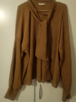 Brun långärmad blus med knytband - Stilren brun blus från Gina Tricot med långa ärmar och ett brett knytband vid halsen. Blusen har en lös passform och är gjord i ett mjukt, strukturerat tyg som ger en avslappnad look. Perfekt för dig som gillar trendiga detaljer.