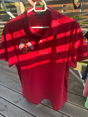 Röd piké från Polo Ralph Lauren - Säljer en röd vintage pikétröja från Polo Ralph Lauren den har några tecken på slitage men de är ett litet hål som knappt syns när man har på sig den men priset är såklart lite lägre /om du har några frågor angående mått eller något annat ställ dom så får du ett svar😊