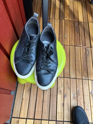 Svarta låga sneakers med vit sula - Snygga svarta sneakers med klassisk vit sula och svarta skosnören. Skorna har en enkel och stilren design i slätt material, perfekta för en clean och avslappnad look. Passar till det mesta och är lätta att matcha med olika outfits.