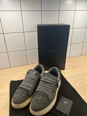 Giuseppe Zanotti - Ett par gråa Giuseppe Zanotti sneakers som funkar bra för vår vinter och höst. Sitter perfekt för storlek 41-42,5. Skorna behöver bara en tvätt sen är de tillbaka i sitt skick. Nypris: 6500kr. Mitt pris: 1800kr. Skick 6/10. Allt OG ingår. Köpta på farfetch helt nya. 