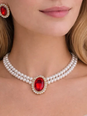 Pärlset med röda stenar - Säljer ett elegant set med choker och örhängen. Halsbandet har dubbla rader vita pärlor och ett stort rött smycke i mitten, inramat av små gnistrande stenar. Matchande örhängen med samma röda sten och pärldetaljer. Perfekt för att lyfta din outfit.