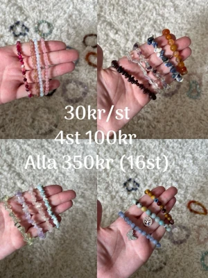 Kristallarmband  - En massa olika kristallarmband! 30kr/st, 4st för 100kr eller alla för 350kr (16st) ✨ Alla armband är elastiska!   Om ni inte vill köpa alla så hör av er och skriv vilka ni vill ha så ordnar vi det😍  Alla är köpta på olika seriösa kristallbutiker och kan därför säga att alla kristaller är äkta och inte kopior🥰
