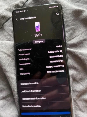 Samsung s20+ - Hej säljer en fin telefon och en repa som stör ej ( spricka ) full fungerande telefon  Skriv här om det är några frågor