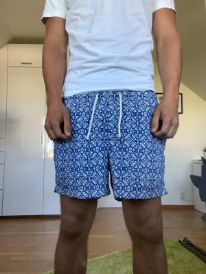 Blåvita mönstrade badbyxor - Blåvita mönstrade badbyxor från Bläck. Strl M. Inga defekter. Modellen är 178 cm och väger 77kg. Hör gärna av dig vid frågor!
