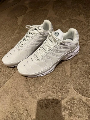 Nike Air Max Plus vita sneakers - Säljer ett par helvita Nike Air Max Plus sneakers med ikoniska vågiga detaljer och synliga Air-enheter i sulan. Skorna har en sportig siluett, mesh- och syntetmaterial samt klassisk snörning. Perfekta för dig som gillar stilrena och trendiga sneakers.