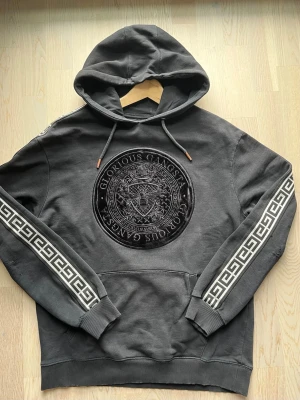 Glorious Gangsta hoodie M (svart, broderad logga) - Svart hoodie från Glorious Gangsta med broderad logga och mönstrade ärmar. Använt skick med små hål/slitage vid båda armbågarna. Liten lagning vid ficka (se bild). Fortfarande fullt användbar.