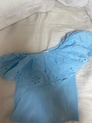 Ljusblå offshoulder topp från Zara - Supersöt ljusblå offshoulder topp från Zara med bred volang och broderade blommor längs kanten. Perfekt till sommaren och ger en fräsch vibe. Tillverkad i mjuk bomull som känns skön mot huden.