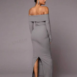 Long dress - Foldover Off Shoulder Split Thigh Ribbed Knit Bodycon Dress!