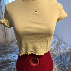 Gul topp - Gul crop top från HM. Använd men i bra skick, söt broderad blomma framtill och  rynkad söm i ärmarna och nederkant. Lite liten i axlarna på mig som har 36 i vanliga fall💖