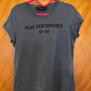 Grå t-shirt från Peak Performance - Säljer en grå t-shirt från Peak Performance med texten 'PEAK PERFORMANCE EST. 1986' tryckt på framsidan. Det finns en liten mörk fläck på framsidan (se bild). Katt finns i hemmet, men det jag säljer är tvättat och rollat✨