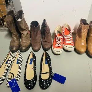 Säljer ett gäng skor i storlek 39 men är mer som storlek 38 pga små. De orangea är converse sneakers. Läderboots samt nya ballerina skor  från Jimmy Choo/ H&M. De nya säljs för 300 kr, använda skor för 200 kr. 