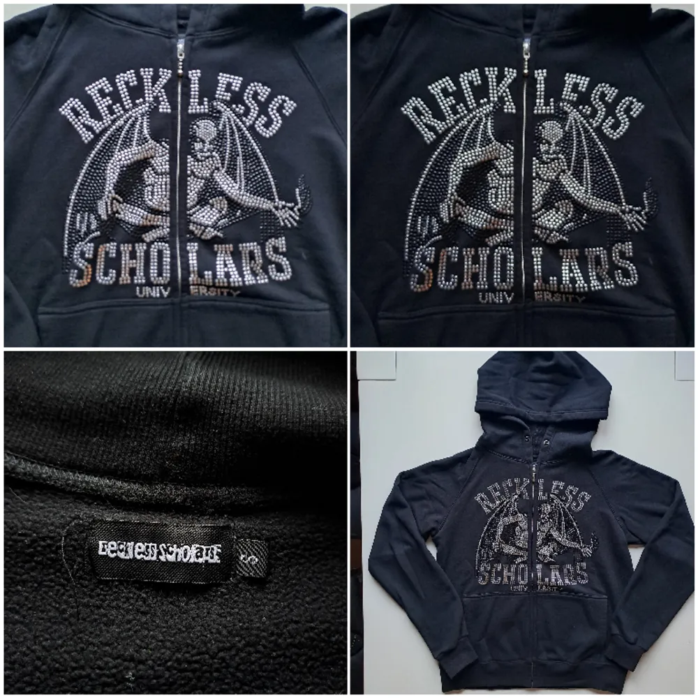 Varumärke: Reckless Scholars  Produkt: Zip hoodie   Material: 100% bomull   Storlek: S  Färg: Svart, silver  Kondition: Mycket bra begagnat skick   Mått: L: 64cm B: 56cm Kön: Herr/Unisex . Hoodies.