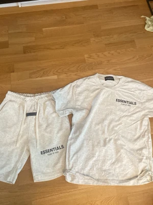 Essentials Fear of God set grå - Säljer ett grått set från Essentials Fear of God med t-shirt och shorts. Båda plaggen har tryckt logga fram och t-shirten har stor logga på ryggen. Mjukt material och avslappnad passform, perfekt för chill dagar.