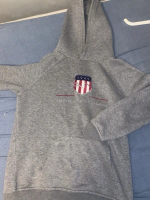 Grå hoodie från GANT med tryck - Snygg grå hoodie från GANT med broderad logga och amerikanskt sköldmärke på bröstet. Klassisk känguruficka framtill och huva. Tillverkad i mjukt sweatshirtmaterial, perfekt för en avslappnad stil.