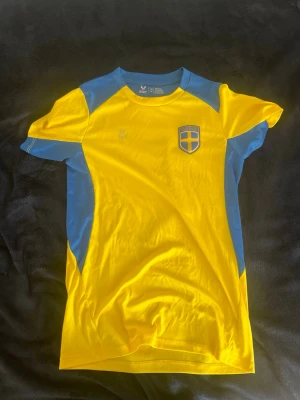 Gul och blå Sverige-tröja från SOC - Säljer en sportig gul och blå t-shirt från SOC med Sveriges landslagssköld på bröstet. Tröjan är tillverkad i ett tekniskt funktionsmaterial som håller dig torr och bekväm under träning. Perfekt för fotboll eller annan sport.