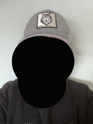 Grå keps med vargmärke - Snygg grå keps med broderad vargpatch framtill. Aldrig använt ute bara testat nån gång.Klassisk böjd skärm och mesh på baksidan för extra ventilation. Justerbar storlek baktill så den passar de flesta. Perfekt för dig som gillar streetwear och djurmotiv.
