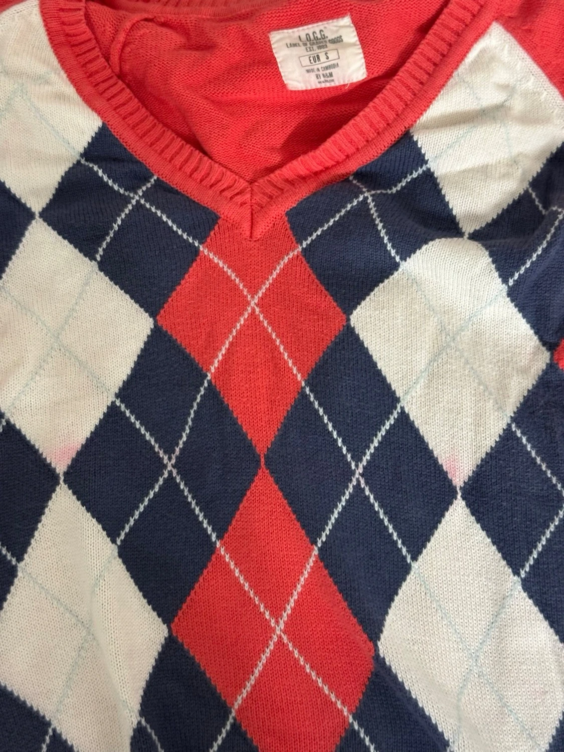 Argyle stickad tröja i rött och blått - 1