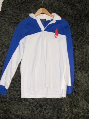 Vit och blå långärmad polotopp - Säljer en vit och blå långärmad polotopp från Polo Ralph Lauren med stor röd logga på bröstet och nummerdetaljer på ryggen och ärmen. Klassisk krage och knappar vid halsen. Perfekt för dig som gillar sportig stil. Den är igentligen 14-16 år men sitter likadant som en Xs