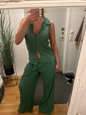 Zara set - Säljer ett grönt tvådelat set med plisserad struktur. Toppen är ärmlös med krage och knäppning framtill, och byxorna har en lös, vid passform. Materialet ser ut att vara mjukt och stretchigt, perfekt för en avslappnad look. Det finns en fläck längst ner på insidan benet som jag ej fått bort men den syns ej när man använder då  tyget rör sig hela tiden och är plisserat så de syns ej.