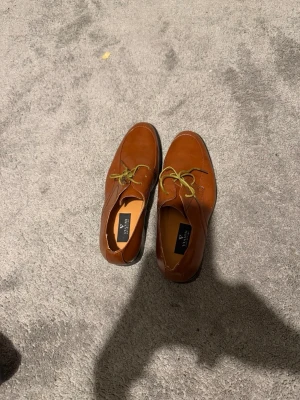 Bruna läderseglarskor med snörning - Säljer ett par klassiska bruna seglarskor i läder med gröna snören och svart sula. Skorna har en stilren design och passar perfekt till jeans eller chinos. Märket är Vianni och de har en låg klack och rundad tå.