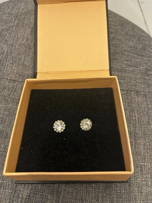 Glittriga örhängen med stenar - Säljer ett par snygga örhängen i silverfärg med gnistrande, runda stenar. Örhängena har en klassisk knäppning. Perfekta för dig som gillar stilrena och glittriga accessoarer. (Obs asken kommer inte med)🥰