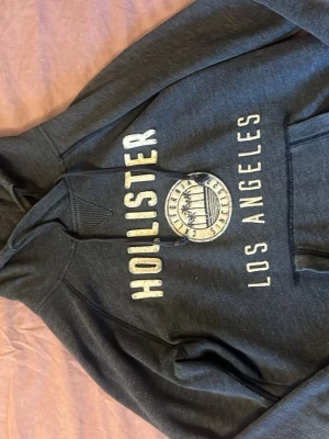 Mörkblå Hollister hoodie med tryck - Snygg blå grå hoodie från Hollister med stor vit text 'HOLLISTER LOS ANGELES' och ett tryck med palmer på framsidan. Klassisk huva med dragsko och magficka. På baksidan finns siffran 22 tryckt nere vid fållen. Perfekt för en avslappnad stil.