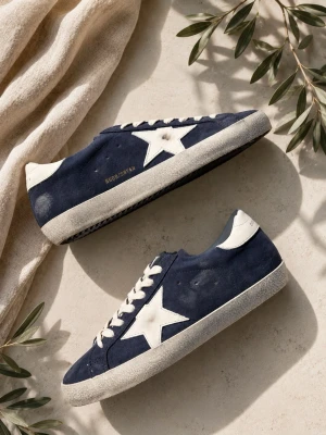 Marinblå golden goose - Snygga marinblå sneakers med vit stjärndetalj på sidan och vit häl. Skorna har vita snören och en slitstark sula i gummi med fiskbensmönster undertill. Ovandelen är i mocka och designen är klassiskt låg. Perfekta för dig som gillar streetstyle.