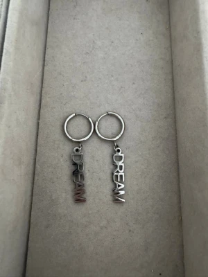 Silvriga hoops med DREAM-hängen - Säljer ett par stilrena örhängen i silverfärg med små hoops och hängande texten 'DREAM' i metall. Perfekta för dig som gillar statement-smycken med enkel design och cool vibe. Använda 1 gång🫰🏻