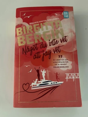 Något du inte vet att jag vet - Romanen 'Något du inte vet att jag vet' av Birgitta Bergin har ett rött och rosa omslag med illustrationer av människor på en båt och hjärtan. Boken är utgiven av Bokfabriken och bjuder på värme, romantik och humor i skärgårdsmiljö.