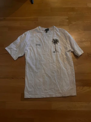 Vit t-shirt med palmtryck - Säljer en vit t-shirt med tryck av en palm och texten 'RECKLESS YOUTH VIBES' samt 'HUB 22' på bröstet. T-shirten har rund hals och korta ärmar. Perfekt för en avslappnad och trendig stil.