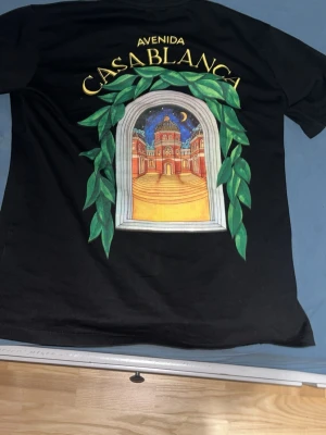 Svart t-shirt med färgglatt tryck - Säljer en svart t-shirt med stort färgglatt tryck på ryggen som föreställer en fönsterbåge med gröna blad och en byggnad i solnedgång. Texten 'Avenida Casablanca' i gult ovanför motivet. Det är storlek S män och de e okej o pruta.