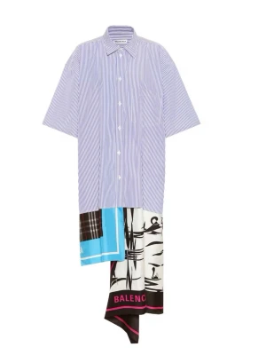 Balenciaga  - Balenciaga resort 2019 Scarf cotton and silk shirt dress Blue striped multicolour  Sz 34, fits very oversized