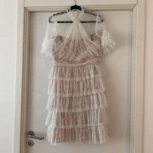 Vit spetsklänning från By Malina - Supersöt vit kortklänning från By Malina med flera lager volanger i spets, halterneck och korta ärmar. Klänningen har romantiska detaljer och en feminin siluett, verkligen JÄTTESÖT. Modellen heter Liona dress.  Köpte denna åt min dotter till hennes student men hon valde en annan modell. Helt i nyskick, aldrig använd, endast provad. Nypris: 2 800 kr                                     Sänkt pris ftån 1600 kr till 1350 kr. Skynda att köpa! 